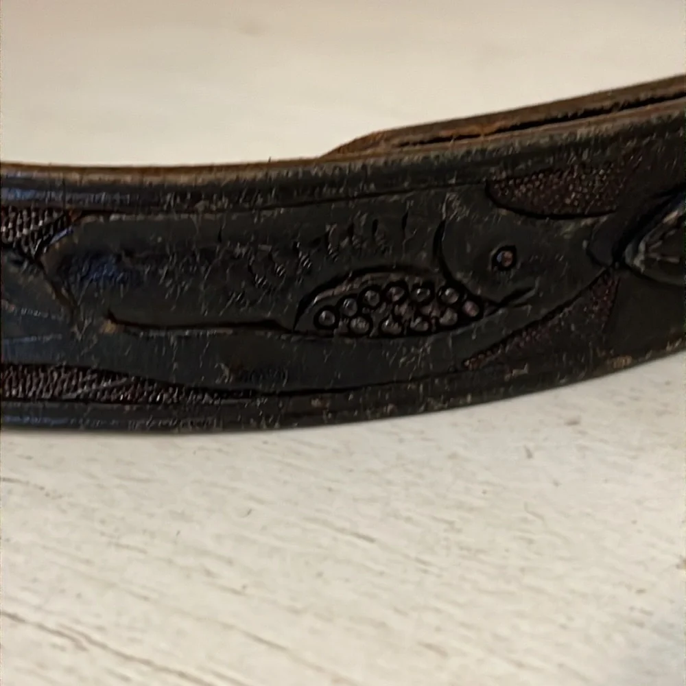 Vintage Mexico Silver & brass belt buckle and tooled leather belt 38” - 42”